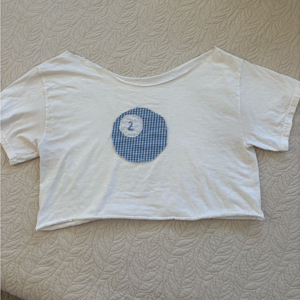 hand sewn White Crop Tee with Blue Gingham Patch